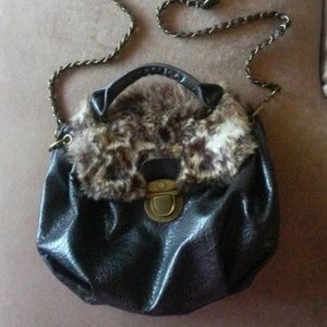 Bueno Brown Faux Fur Saddlebag Handbag Crossbody Brass Hardware EUC